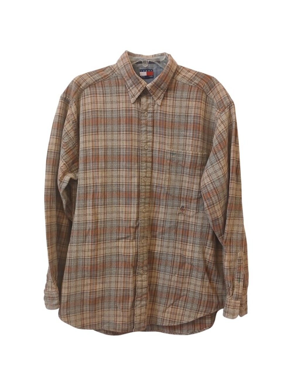 Tommy Hilfiger Mens Large Plaid Button Shirt Cotton Crest Logo Tan Vintage #C-5